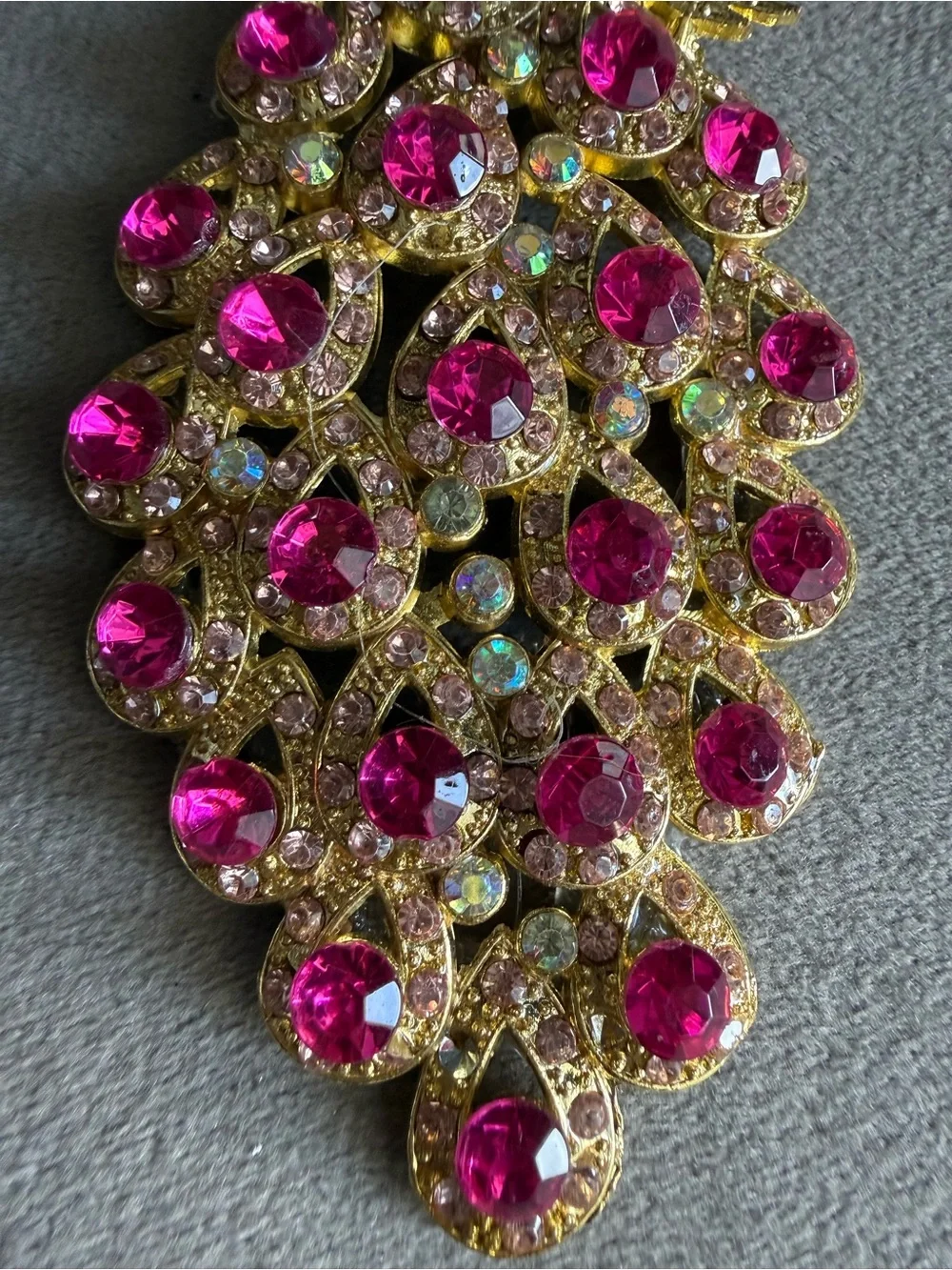 Gold-Tone Peacock Brooch with Fuchsia and Aurora Rhinestones